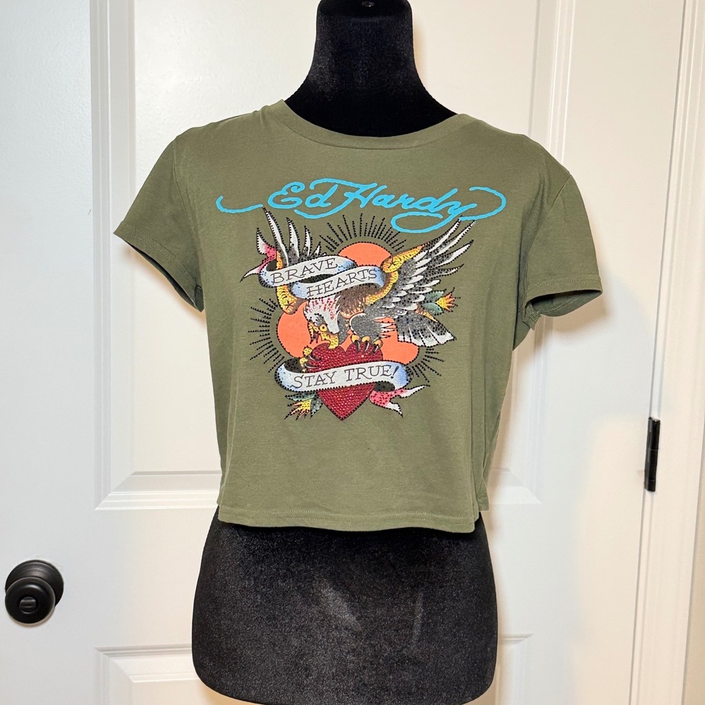 Ed Hardy Womens Size XL Olive Green Eagle Heart Rhinestone Crop Top Y2K